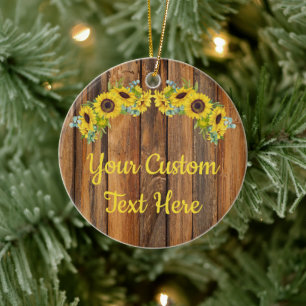 Persoonlijke Rustieke Houten Zonnebloem Aangepaste Keramisch Ornament