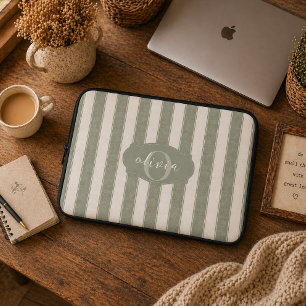 Persoonlijke Rustieke Saliegroen Gestreepte Laptop Sleeve