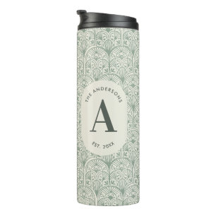 Persoonlijke Sage Groene Monogram Elegante Art Dec Thermosbeker
