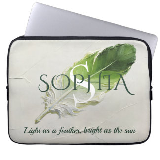Persoonlijke Sage Groene Veer Monogram Laptop Sleeve