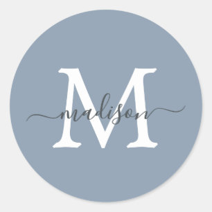 Persoonlijke Script Naam Monogram Stof Blauw Ronde Sticker