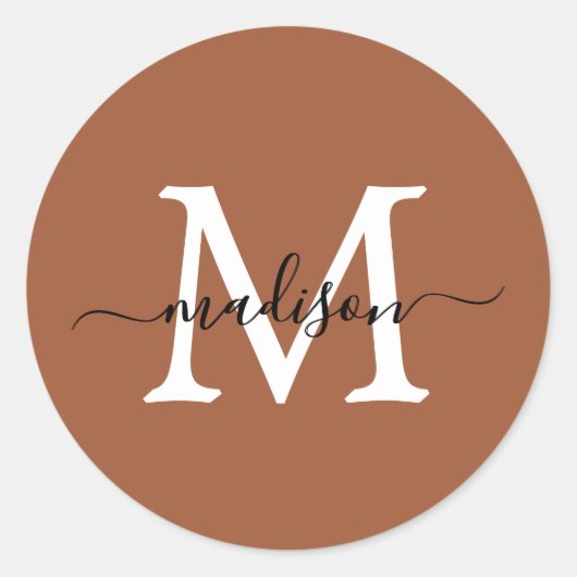 Persoonlijke Script Naam Monogram Terracotta Ronde Sticker (Voorkant)