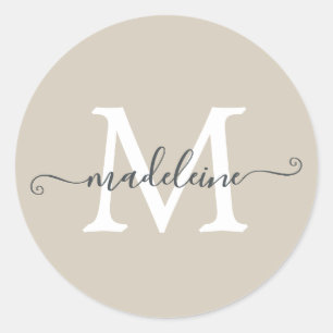Persoonlijke Script Naam Monogram Warm Beige Ronde Sticker