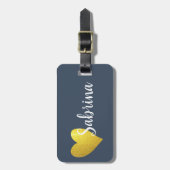 Persoonlijke scriptnaam Gold Glitter Heart Navy Bagagelabel (Voorkant verticaal)