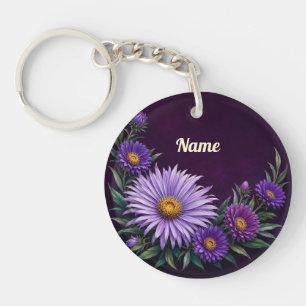 Persoonlijke september geboortebloem Aster Sleutelhanger