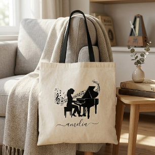 Persoonlijke Silhouet van een Pianiste met Muziekn Tote Bag