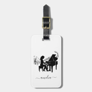 Persoonlijke Silhouet van Pianiste met Muzieknoten Bagagelabel