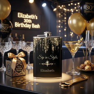 Persoonlijke 'Sip in Style' Glitter Zwart Goud Heupfles