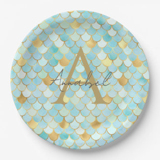 Persoonlijke sky blue en Gold Mermaid Scales Papieren Bordje