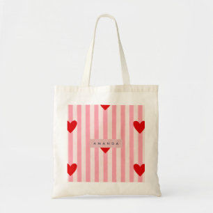 Persoonlijke Speelse Rode Hart & Roze Streep Tote Bag