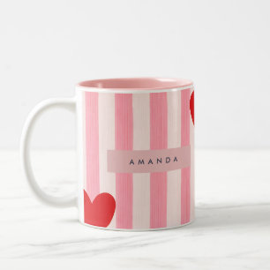 Persoonlijke Speelse Rode Hart & Roze Streep Tweekleurige Koffiemok