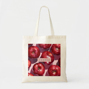 Persoonlijke sprankelende rode appel roze achtergr tote bag