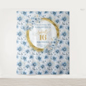 Persoonlijke Stof Blauw Zoete Zestien Gouden Glitt Wandkleed (Voorkant)