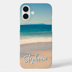 Persoonlijke strandfoto oceaanblauw iPhone 16 plus hoesje