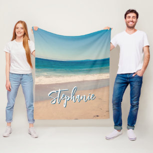 Persoonlijke strandfoto oceaanblauw fleece deken