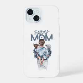 Persoonlijke Super Moeder met Zoon en Dochter Cade iPhone 15 Hoesje