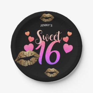 Persoonlijke Sweet 16 Borden - Roze Glitter LIPPEN Papieren Bordje