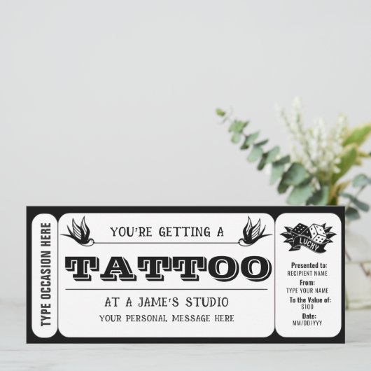 Persoonlijke Tattoo Ticket Cadeaubon Sjabloon Kaart (Staand voorkant)