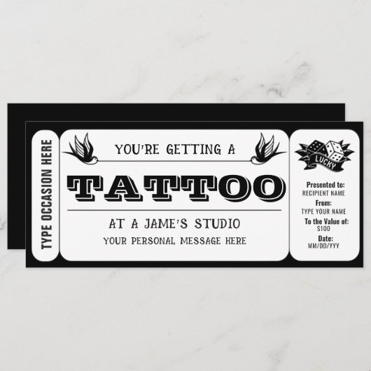 Persoonlijke Tattoo Ticket Cadeaubon Sjabloon Kaart (Voorkant / Achterkant)