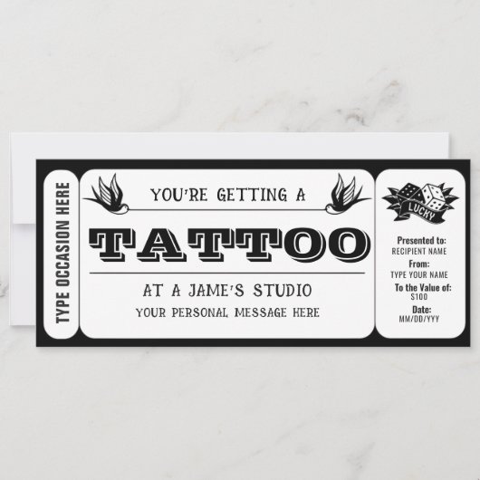 Persoonlijke Tattoo Ticket Cadeaubon Sjabloon Kaart (Voorkant)