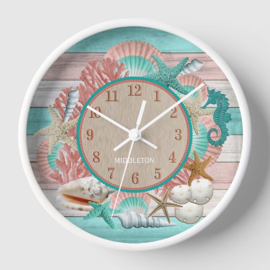 Persoonlijke Teal en Koraalrode Schelp en Strand (Voorkant)