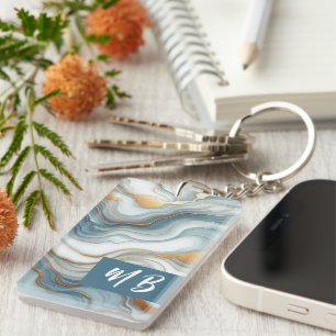Persoonlijke Teal Grijs Blauw Goud Marmer Kunst Sleutelhanger