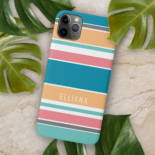 Persoonlijke Tealblauwe Zonnig Gele Roze Strepen iPhone 11 Pro Max Hoesje