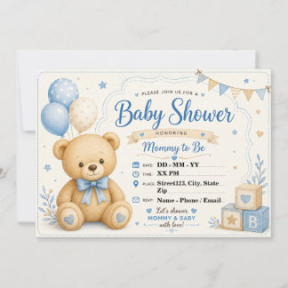 Persoonlijke teddybeer babyshower blauw beige kaart