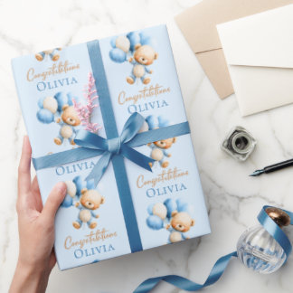 Persoonlijke teddybeer jongens baby shower cadeaupapier