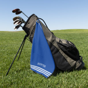 Persoonlijke tekst en drie strepen op koningsblauw golfhanddoek