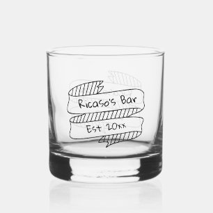Persoonlijke tekst op handgetekende lintbanner whisky glas
