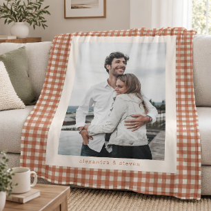 Persoonlijke Terracotta Gingham Koppel Foto Fleece Deken