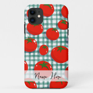 Persoonlijke Tomaat op Groene Gingham Hoortelefoon iPhone 11 Hoesje