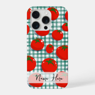 Persoonlijke Tomaat op Groene Gingham Hoortelefoon iPhone 15 Pro Hoesje