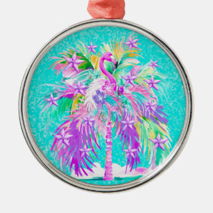 Persoonlijke Tropische Palmboom Flamingo Kerstmis Metalen Ornament