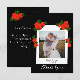 Persoonlijke trouwfoto met rode rozen zwart bedankkaart