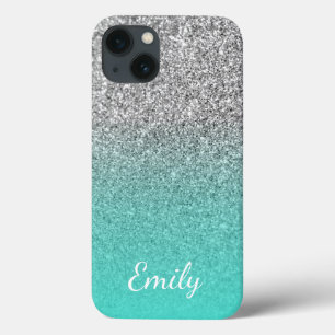 Persoonlijke turquoise en zilver glinster ombre iPhone 13 hoesje