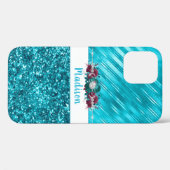 Persoonlijke Turquoise Floral Glitter Case-Mate iPhone Case (Achterkant (horizontaal))