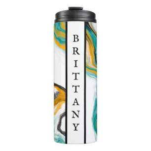 Persoonlijke Turquoise, Gold, Marble Fluid Art Thermosbeker