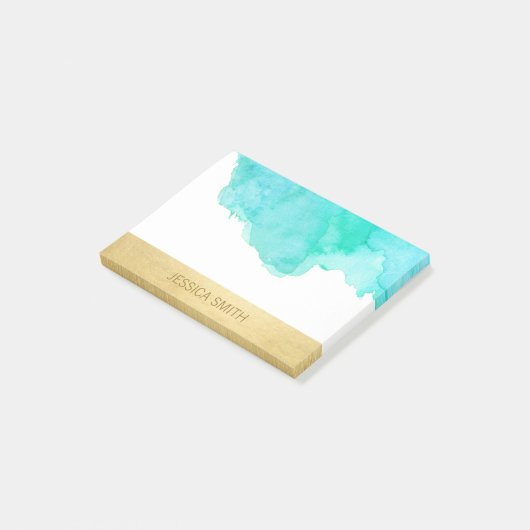 Persoonlijke Turquoise Waterverf Faux Gold Foil Post-it® Notes (Schuin)