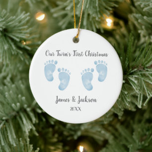 Persoonlijke Tweeling Baby Jongens Blauwe Voetafdr Keramisch Ornament