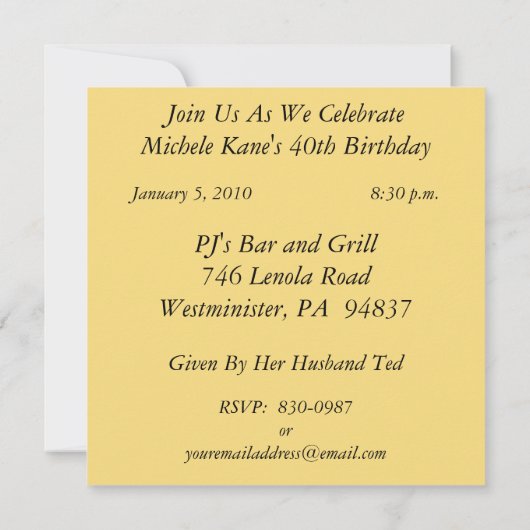 Persoonlijke uitnodigingen van de 40e verjaardag v (Achterkant)