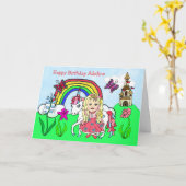 Persoonlijke Unicorn en prinses Birthday Kaart (Gele Bloem)