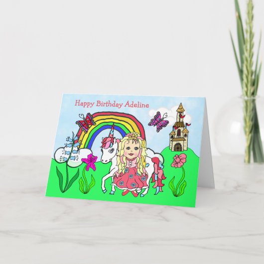 Persoonlijke Unicorn en prinses Birthday Kaart (Voorkant)
