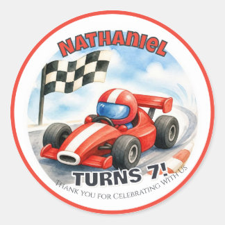Persoonlijke verjaardag raceauto ronde sticker