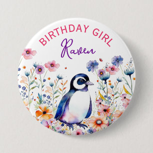 Persoonlijke verjaardagsmeisje pinguïn in bloemen ronde button 7,6 cm