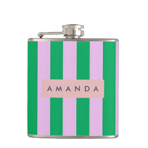 Persoonlijke verse groene en roze gestreepte retro heupfles