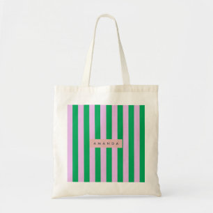 Persoonlijke verse groene en roze gestreepte retro tote bag