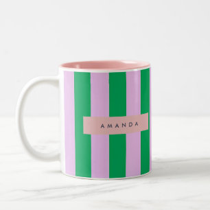 Persoonlijke verse groene en roze gestreepte retro tweekleurige koffiemok