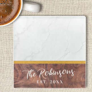 Persoonlijke vierkante marmeren houten familienaam glazen onderzetter